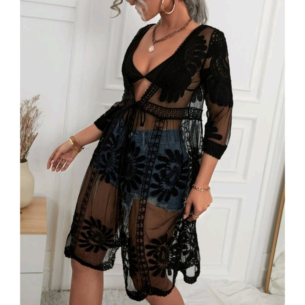 Red Boho Tie Front Mesh Embroidered Kimono - Picture 6 of 10